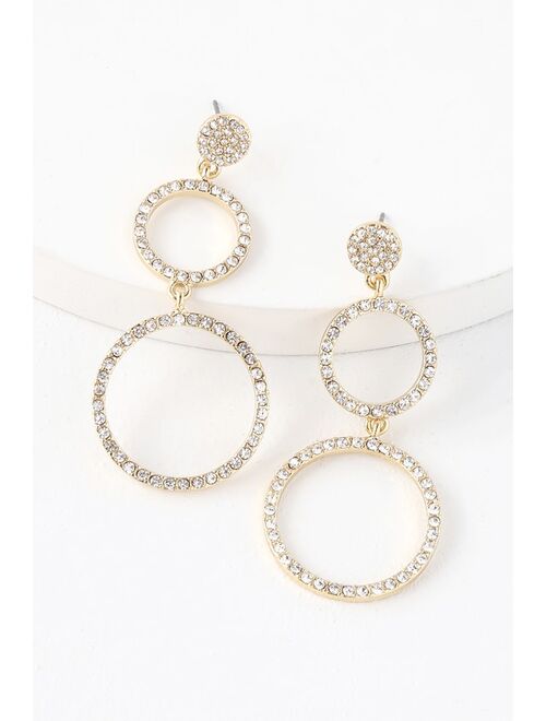 Lulus Glam Girl Gold Rhinestone Circle Earrings