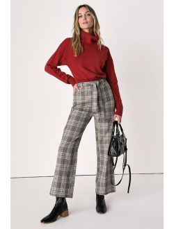 Making a Statement Brown Plaid Tie-Front Trouser Pants