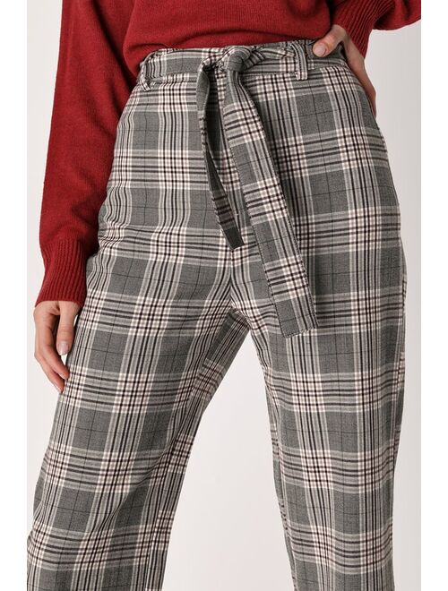 Lulus Making a Statement Brown Plaid Tie-Front Trouser Pants