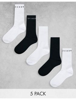 5 pack logo tennis socks in white & black