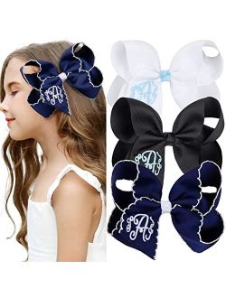DEEKA 3PCS Initial Hair Bows 5.5" Monogrammed Moonstitch Handmade Girl Bows Grosgrain Ribbon Alligator Clips Personalized Hair Accessories for Toddlers Girls Little Kids 