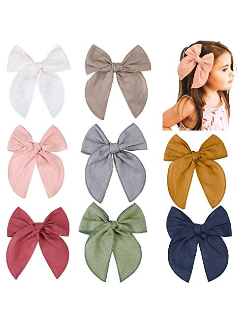 DEEKA 8 PCS Large Fable Hair Bow Cotton Linen Hair Bow for Toddlers Girls Handmade Neutral Bow Hair Accessories for Little Girls Kids