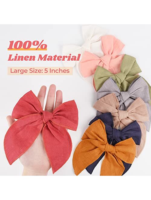 DEEKA 8 PCS Large Fable Hair Bow Cotton Linen Hair Bow for Toddlers Girls Handmade Neutral Bow Hair Accessories for Little Girls Kids