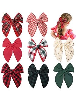 DEEKA 8 PCS Large Christmas Fable Hair Bows Cotton Linen Red and Black Plaid Hair Bow for Toddlers Girls Handmade Christmas Hair Accessories for Little Girls Kids