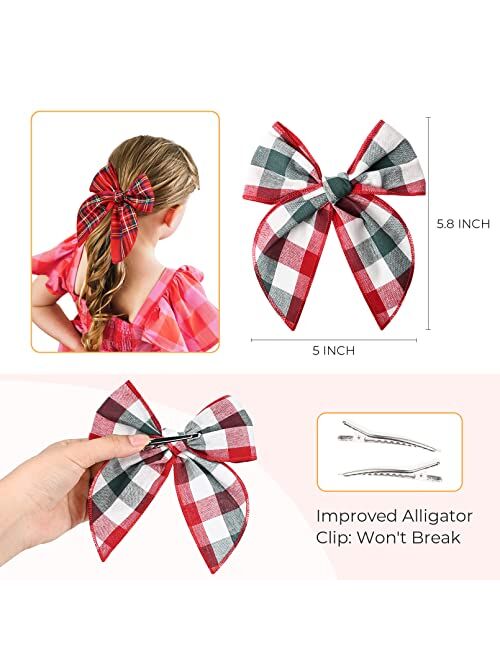 DEEKA 8 PCS Large Christmas Fable Hair Bows Cotton Linen Red and Black Plaid Hair Bow for Toddlers Girls Handmade Christmas Hair Accessories for Little Girls Kids