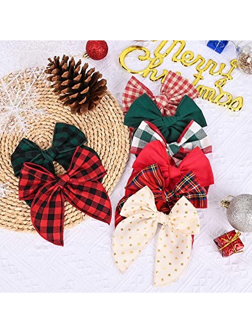 DEEKA 8 PCS Large Christmas Fable Hair Bows Cotton Linen Red and Black Plaid Hair Bow for Toddlers Girls Handmade Christmas Hair Accessories for Little Girls Kids