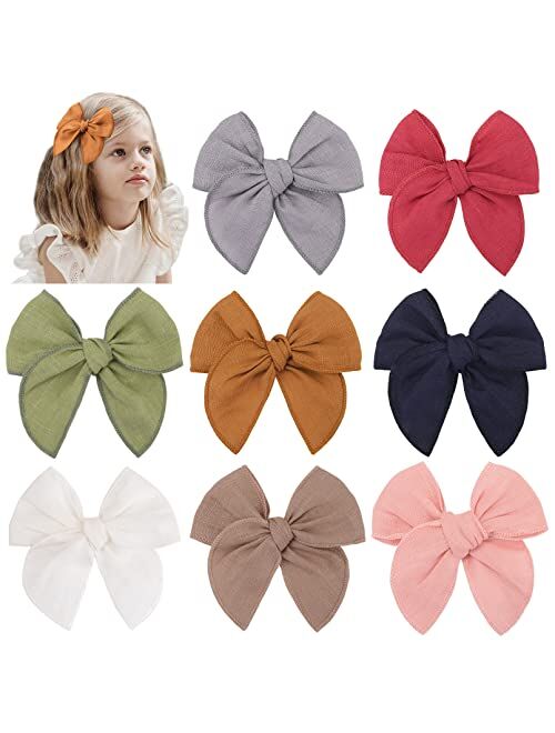 DEEKA 8 PCS Large Fable Hair Bow Cotton Linen Hair Bow for Toddlers Girls Handmade Neutral Bow Hair Accessories for Little Girls Kids -Z