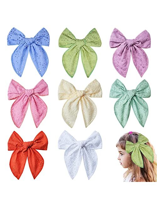 Socanby 8pcs 6 Inch Fable Hair Bows for Girls,Large Linen Pigtail Toddler Bows Clips Handmade Neutral Bow Hair Accessories for Litter Girl Kids Teens Women (Cotton Bows)