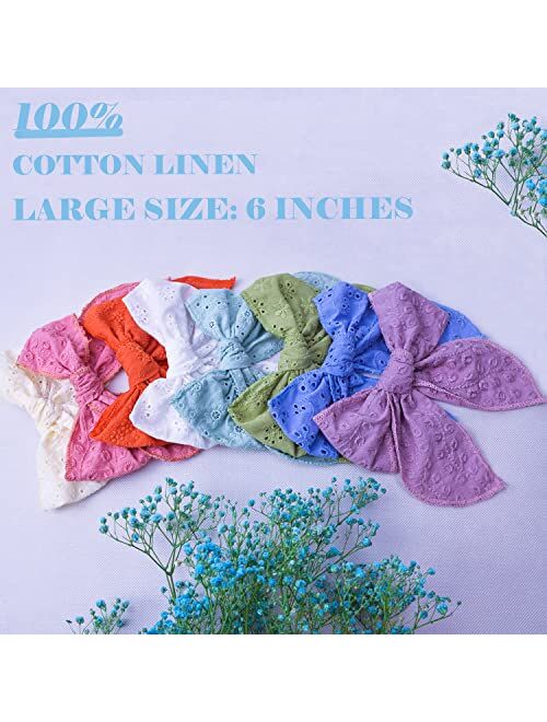 Socanby 8pcs 6 Inch Fable Hair Bows for Girls,Large Linen Pigtail Toddler Bows Clips Handmade Neutral Bow Hair Accessories for Litter Girl Kids Teens Women (Cotton Bows)