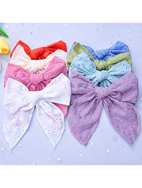 Socanby 8pcs 6 Inch Fable Hair Bows for Girls,Large Linen Pigtail Toddler Bows Clips Handmade Neutral Bow Hair Accessories for Litter Girl Kids Teens Women (Cotton Bows)