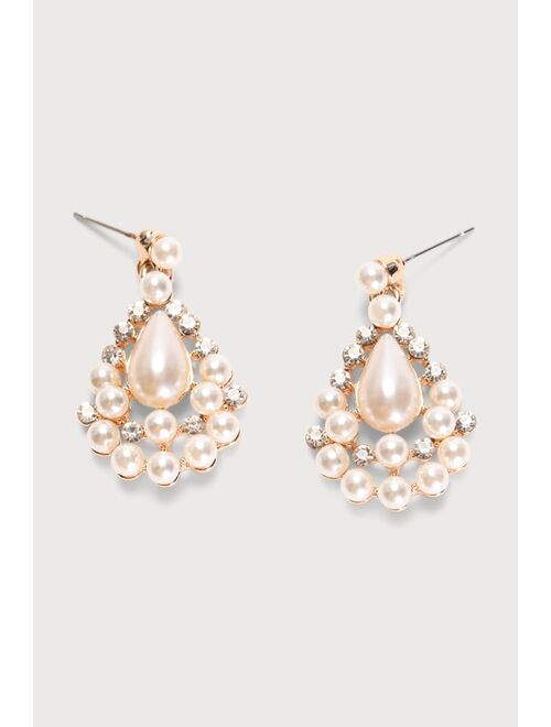 Lulus Glow Together Gold Pearl and Rhinestone Teardrop Earrings