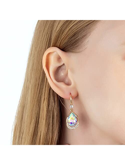 Evevic Austrian Crystal Halo Teardrop Hollow Drop Dangle Earrings for Women 14K Rose Gold Plated Hypoallergenic Jewelry Gifts for Women Girls