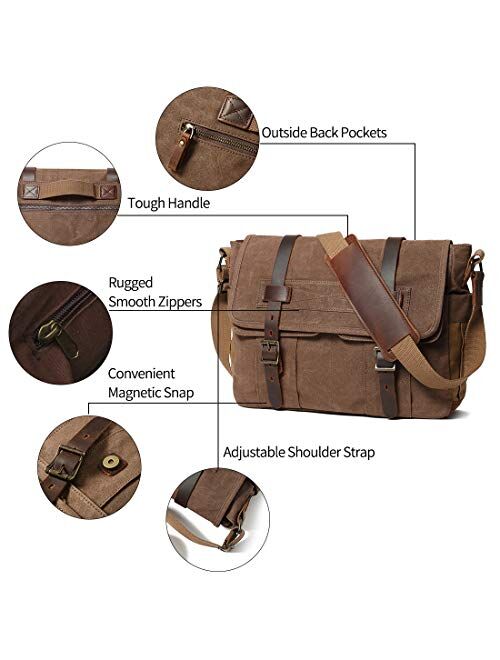 Soaeon Messenger Bag for Men 15.6 Inch Canvas Laptop Computer Bag Leather Briefcase