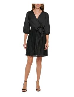 Pleated Balloon-Sleeve Faux-Wrap Dress