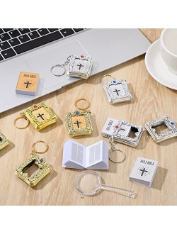 Yaomiao 16 Pieces Mini Bible Keychain Small Holy Bible Key Ring Religious Jesus Keychain Souvenir Christian Present for Baptism, Church, Communion with Magnifying Glass, 