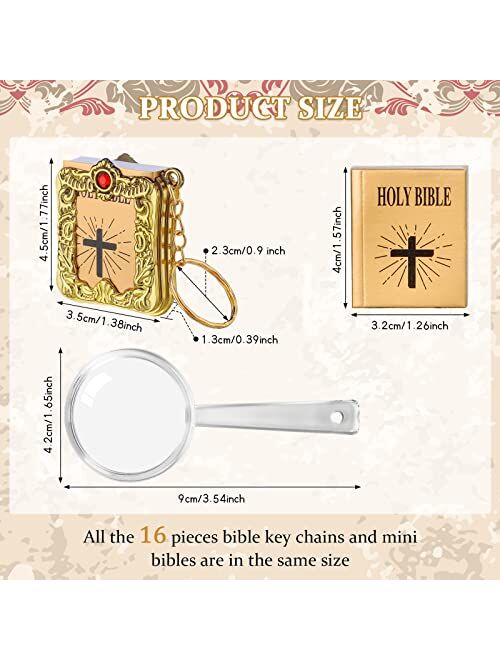 Yaomiao 16 Pieces Mini Bible Keychain Small Holy Bible Key Ring Religious Jesus Keychain Souvenir Christian Present for Baptism, Church, Communion with Magnifying Glass, 