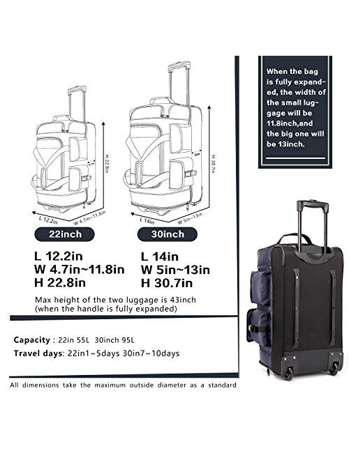 Coolife Rolling Duffel Travel Duffel Bag Wheeled Duffel Suitcase Luggage 8 Pockets