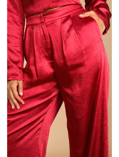 Lulus Very Merry Berry Red Satin Wide-Leg Trouser Pants