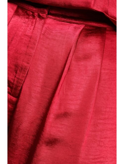 Lulus Very Merry Berry Red Satin Wide-Leg Trouser Pants