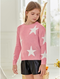 Girl's Star Pattern Round Neck Long Sleeve Sweater Casual Tops