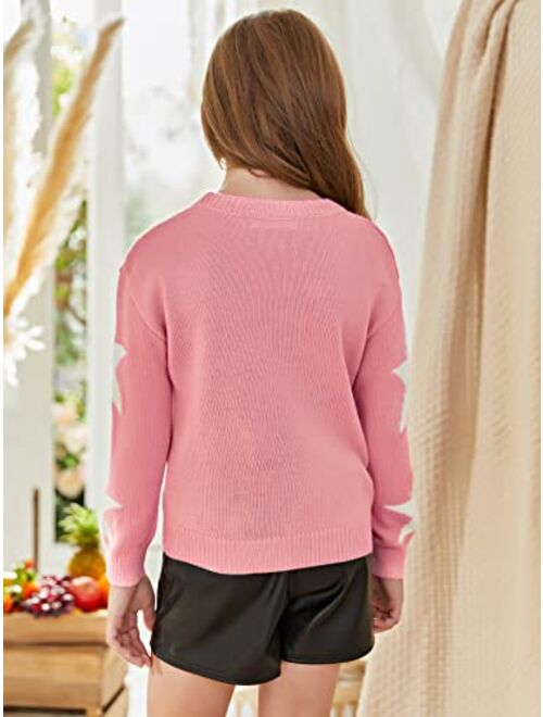 WDIRARA Girl's Star Pattern Round Neck Long Sleeve Sweater Casual Tops
