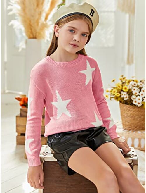 WDIRARA Girl's Star Pattern Round Neck Long Sleeve Sweater Casual Tops