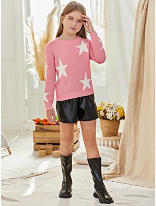 WDIRARA Girl's Star Pattern Round Neck Long Sleeve Sweater Casual Tops