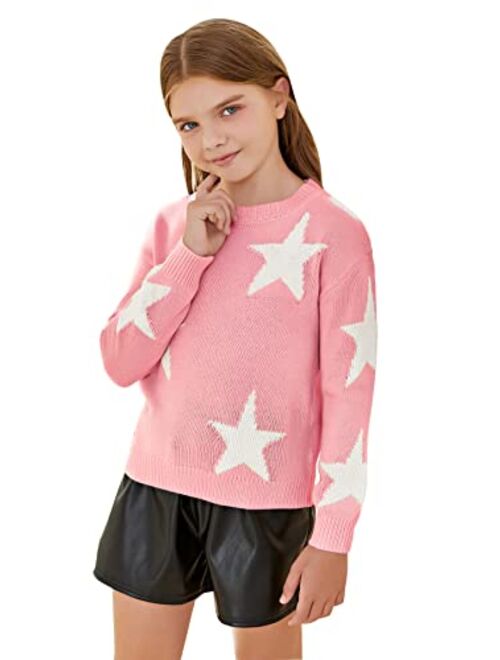 WDIRARA Girl's Star Pattern Round Neck Long Sleeve Sweater Casual Tops