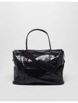 structured holdall in black faux croc