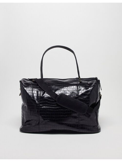 ASOS DESIGN structured holdall in black faux croc