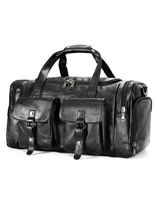 Zeroway PU Leather Travel Duffel Bag with Shoe Pouch Large Carry on Bag Waterproof Weekender Overnight Bag for Men Women Brown