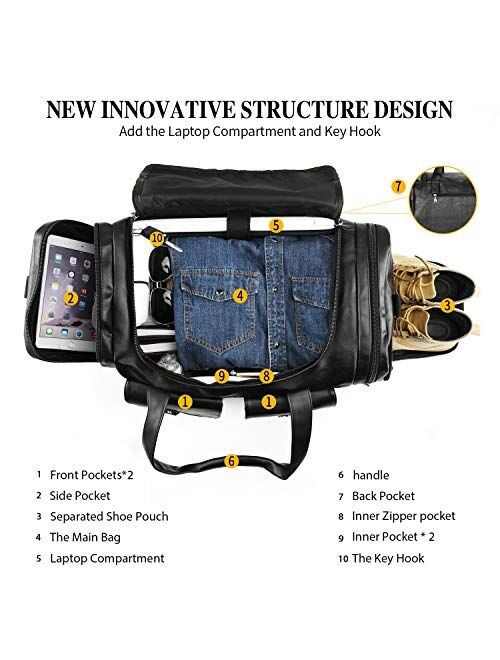 Zeroway PU Leather Travel Duffel Bag with Shoe Pouch Large Carry on Bag Waterproof Weekender Overnight Bag for Men Women Brown