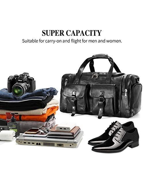 Zeroway PU Leather Travel Duffel Bag with Shoe Pouch Large Carry on Bag Waterproof Weekender Overnight Bag for Men Women Brown