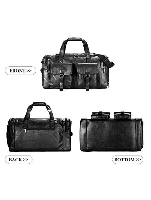 Zeroway PU Leather Travel Duffel Bag with Shoe Pouch Large Carry on Bag Waterproof Weekender Overnight Bag for Men Women Brown