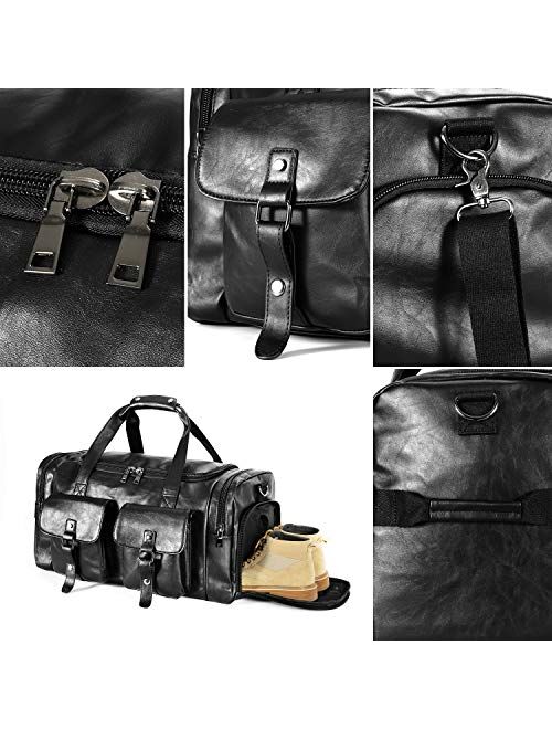 Zeroway PU Leather Travel Duffel Bag with Shoe Pouch Large Carry on Bag Waterproof Weekender Overnight Bag for Men Women Brown