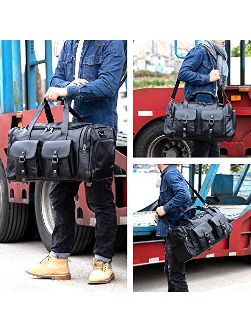 Zeroway PU Leather Travel Duffel Bag with Shoe Pouch Large Carry on Bag Waterproof Weekender Overnight Bag for Men Women Brown