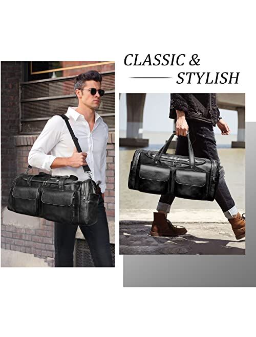 Bolosta Travel Duffel Bag for Men, Large PU Leather Carry on Duffle Bag for Traveling, Waterproof Duffel Bag for Men Overnight Weekender Gym Bag with Shoe Compartment - P
