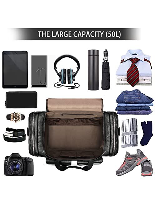 Bolosta Travel Duffel Bag for Men, Large PU Leather Carry on Duffle Bag for Traveling, Waterproof Duffel Bag for Men Overnight Weekender Gym Bag with Shoe Compartment - P