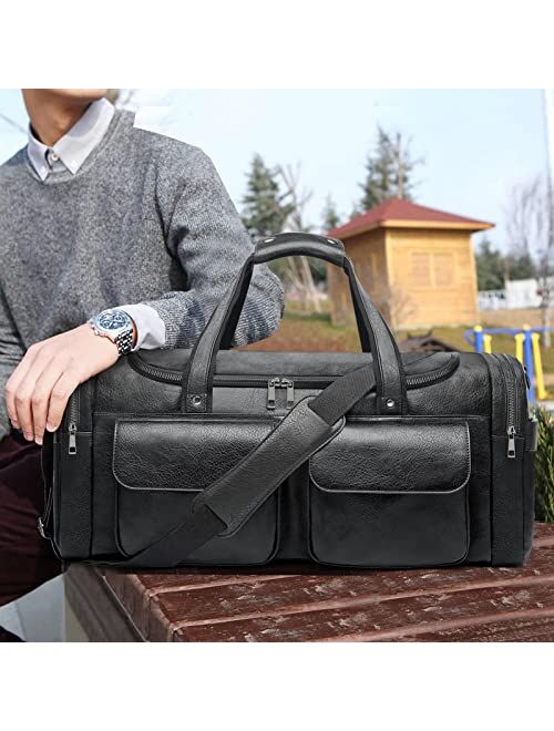 Bolosta Travel Duffel Bag for Men, Large PU Leather Carry on Duffle Bag for Traveling, Waterproof Duffel Bag for Men Overnight Weekender Gym Bag with Shoe Compartment - P