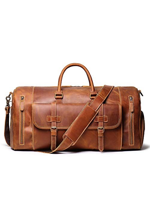 Leathfocus Leather Travel Duffel Bags, Mens Classic Gift Carry on Bag Leather Weekend Bag Full Grain Overnight Luggage YKK Zipper