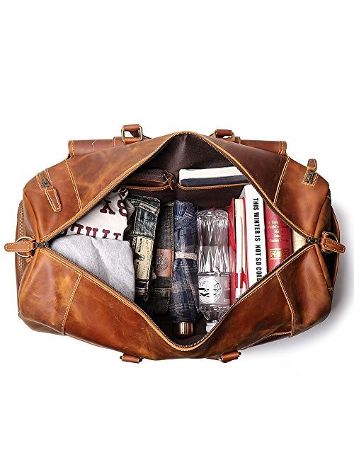 Leathfocus Leather Travel Duffel Bags, Mens Classic Gift Carry on Bag Leather Weekend Bag Full Grain Overnight Luggage YKK Zipper