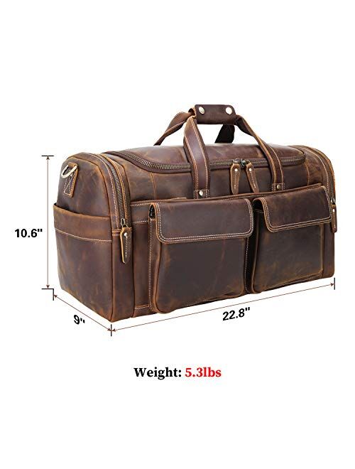 Texbo 22.8'' Leather Duffle Bags for Men, Full Grain Leather Travel Overnight Weekend Bag Retro Carry on Duffel Bag Brown