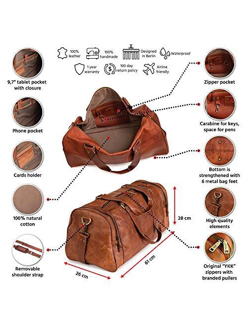 Berliner Bags Vintage Leather Duffle Bag Bergen for Travel or the Gym, Overnight Bag for Men and Women - Brown (Cognac)
