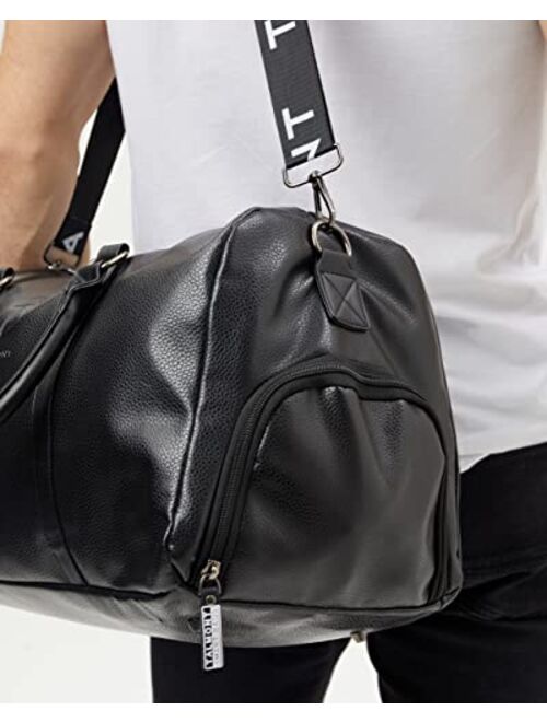 Men's Duffle leather Bag with Shoe Compartment for Sports Travel Gym Carry-on luggage with Adjustable Shoulder Strap, Weekender Travel Overnight Bag for Men Talmont (Blac