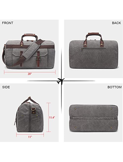 Soaeon Duffle Bag for Men Waterproof Genuine Leather Canvas Travel Duffel Bags for Women Overnight Weekender Bag for Traveling, Grey