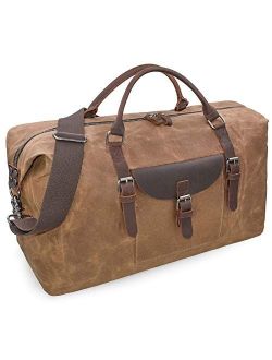 Newhey Oversized Travel Duffel Bag Waterproof Canvas Genuine Leather Weekend bag Weekender Overnight Carryon Hand Bag Brown