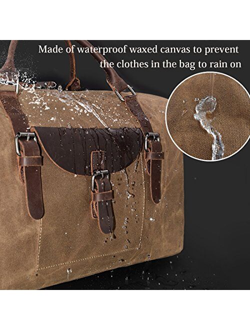 Newhey Oversized Travel Duffel Bag Waterproof Canvas Genuine Leather Weekend bag Weekender Overnight Carryon Hand Bag Brown