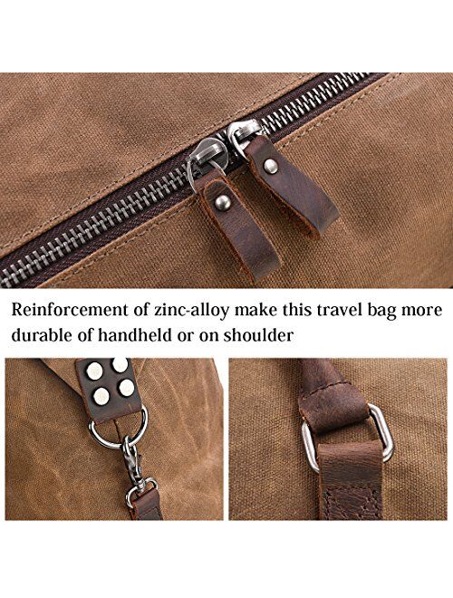 Newhey Oversized Travel Duffel Bag Waterproof Canvas Genuine Leather Weekend bag Weekender Overnight Carryon Hand Bag Brown