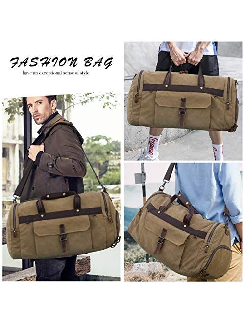 Nubily Travel Duffel Bag Waterproof Duffle Bags for Men Oversized Genuine Leather Carryon Weekend bag Canvas Overnight Bag Brown