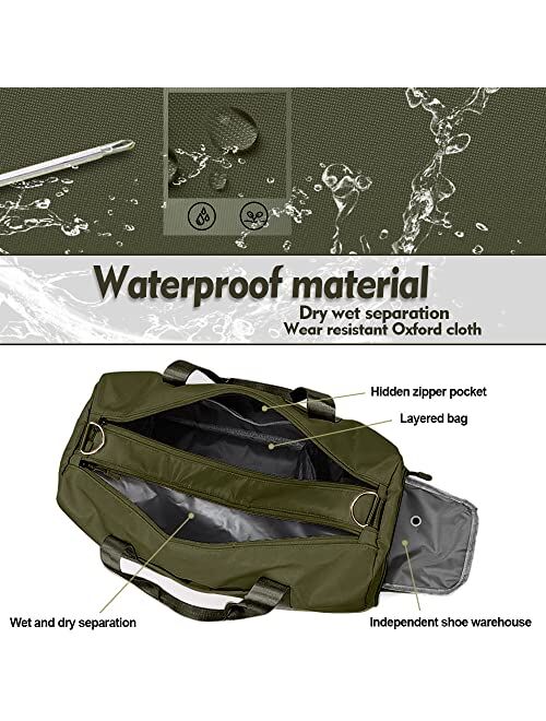 Lopwin Small Gym Bag for Women and Men, Workout Bag for Sports and Weekend Getaway, Waterproof Dufflebag with Shoe and Wet Clothes Compartments (ArmyGreen)